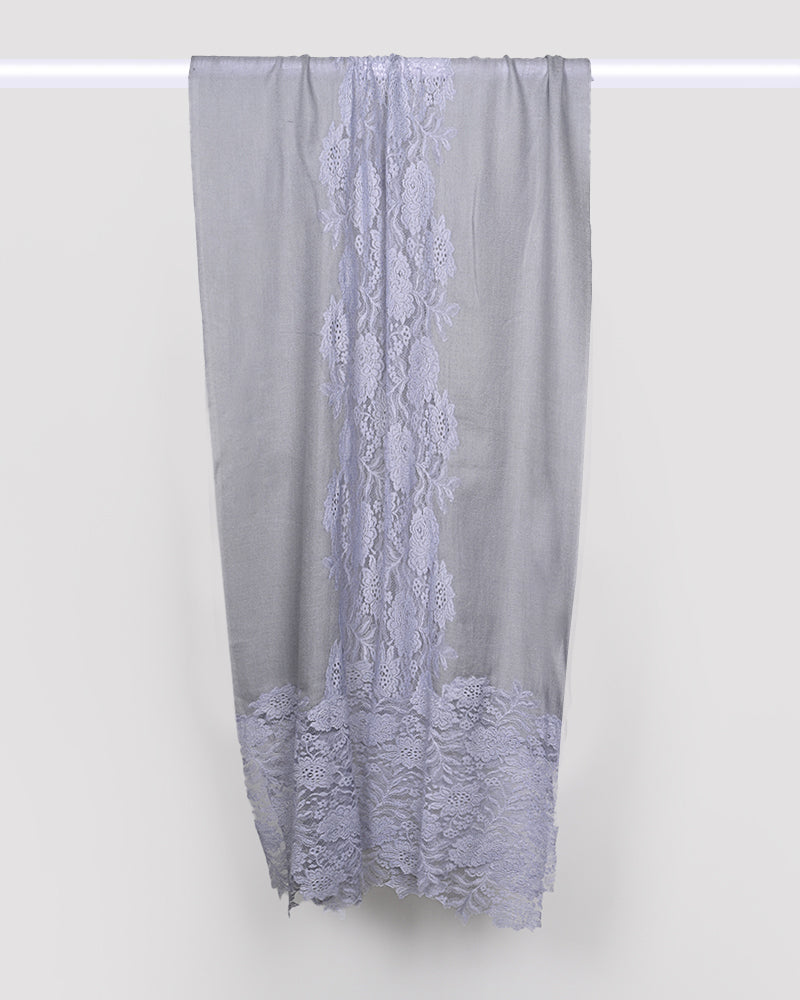 Grey Pashmina Wool Eye Design Lace Stole